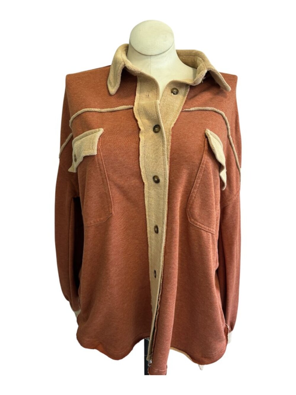 POL FRENCH TERRY BUTTON UP SHIRT JACKET SHACKET OVERSIZED FRENCH TERRY SMALL